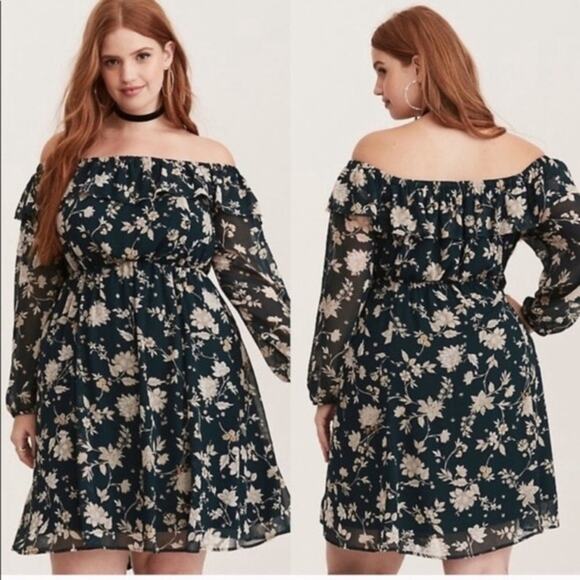 Torrid Off the Shoulder Skater Dress Women's Size 1X Green Floral Bardot Boho - Picture 6 of 10